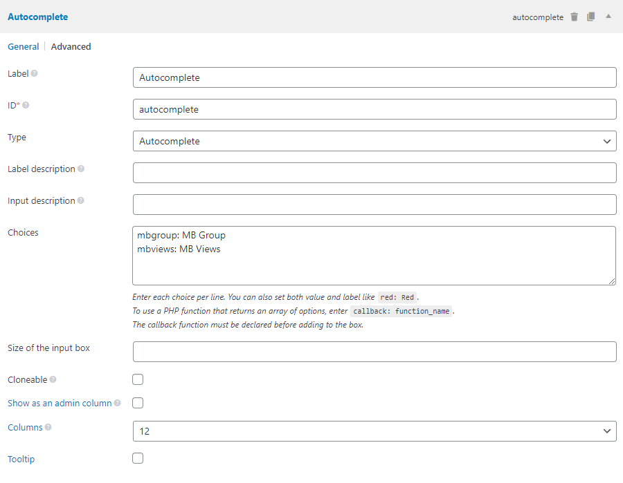 The autocomplete field settings