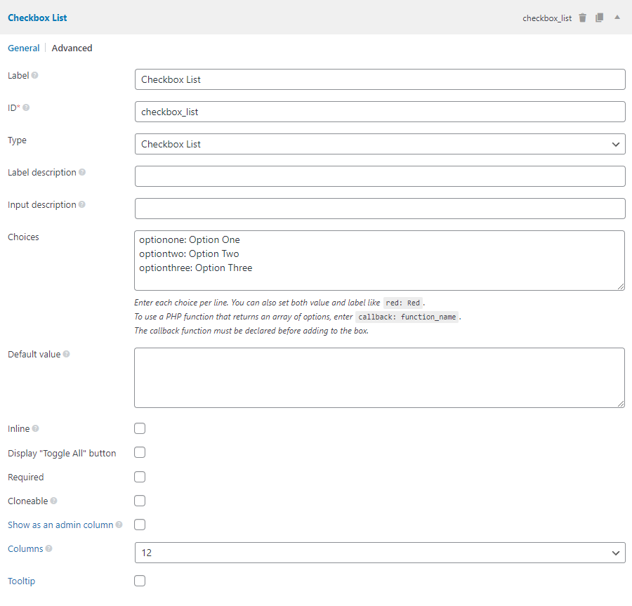 The checkbox-list field settings