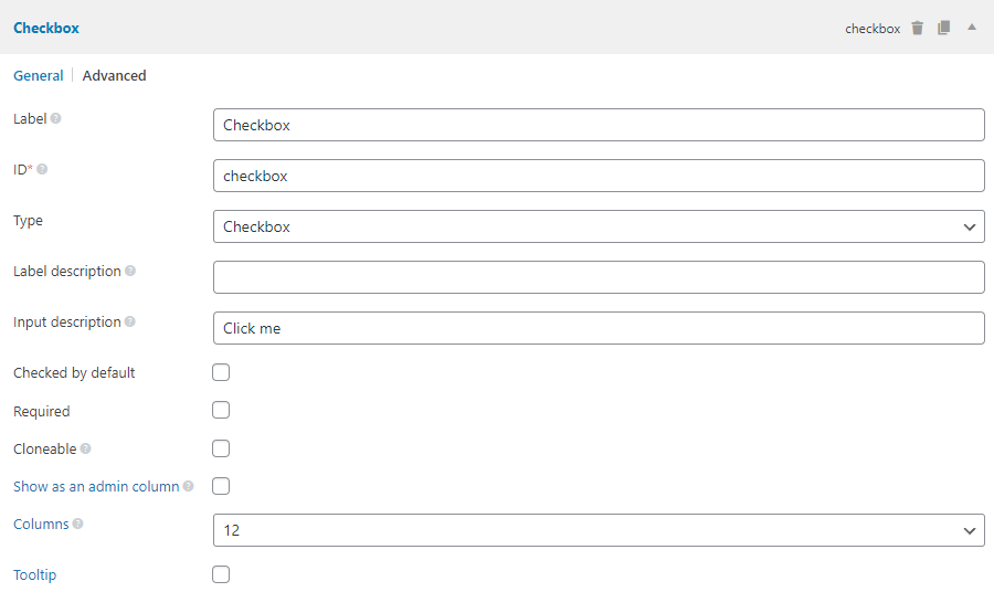 The checkbox field settings