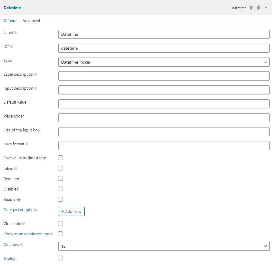 The datetime field settings