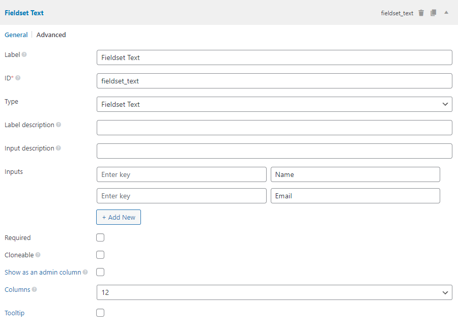 The fieldset-text field settings