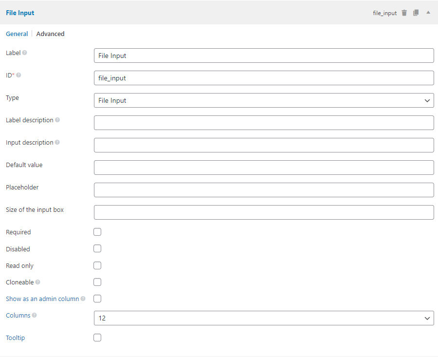 The file-input field settings