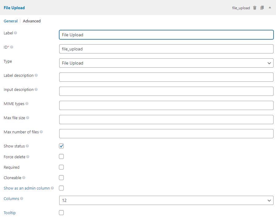 The file-upload field settings