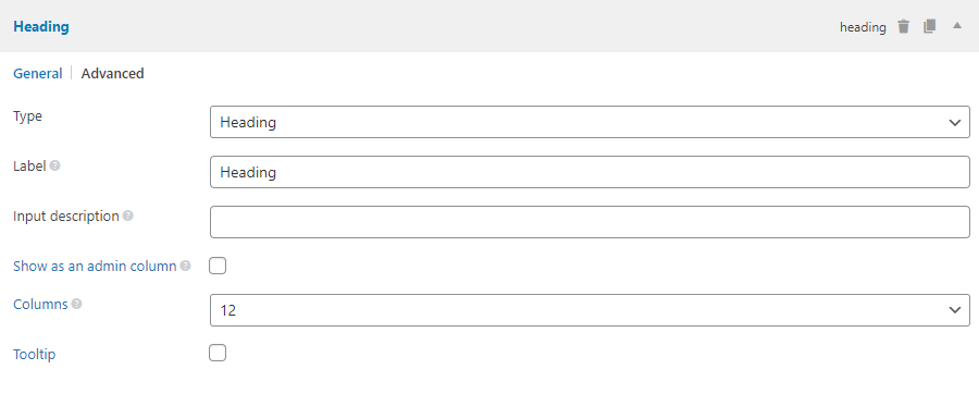 The heading field settings