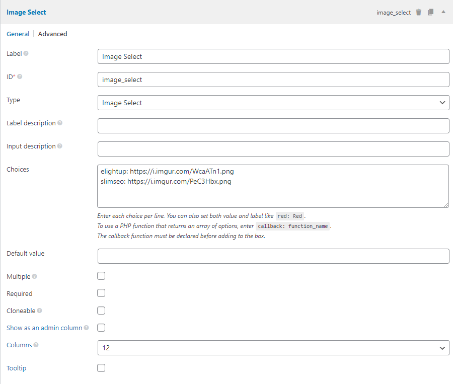 The image-select field settings