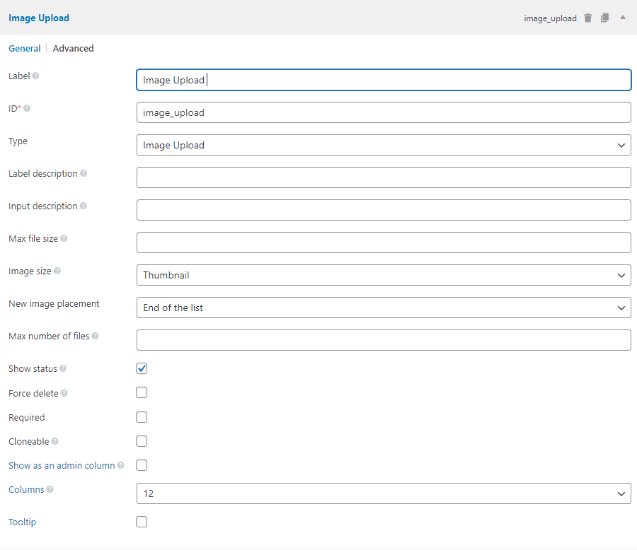 The image-upload field settings