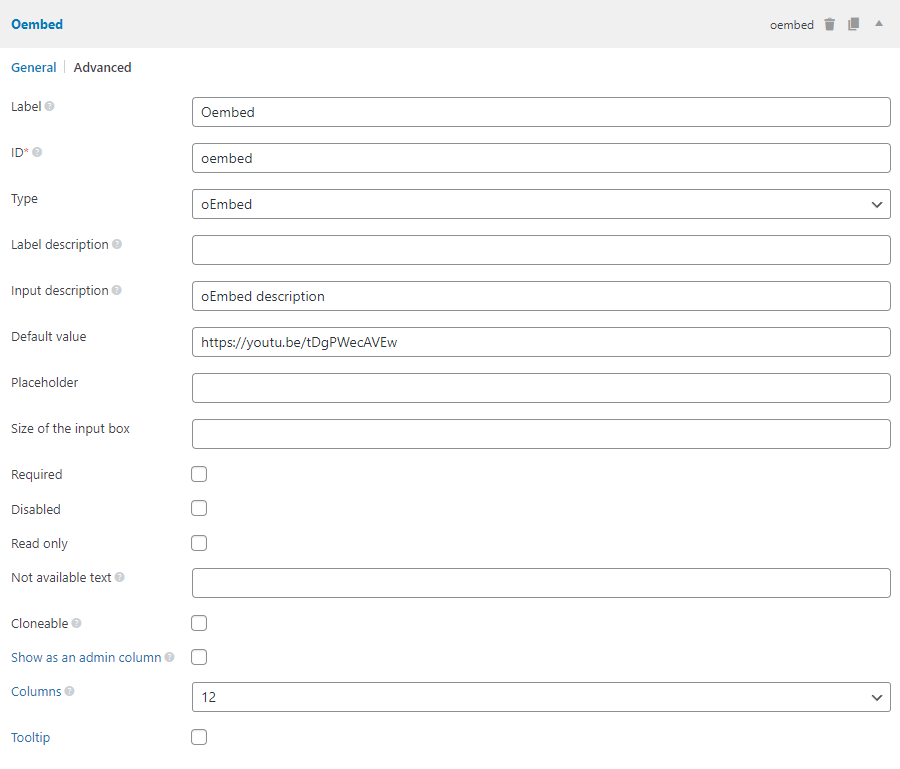 The oEmbed field settings