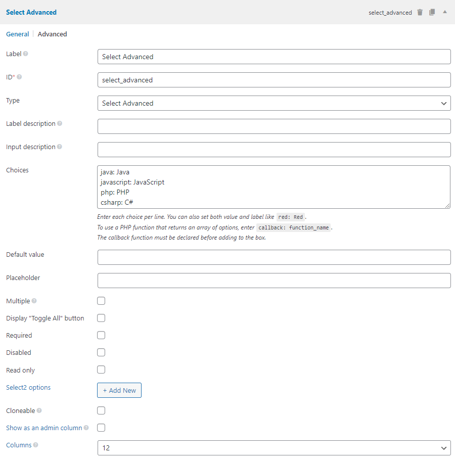 The select-advanced field settings