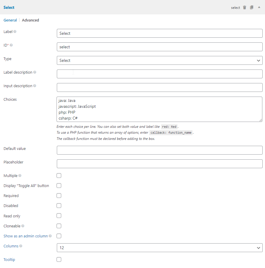 The select field settings