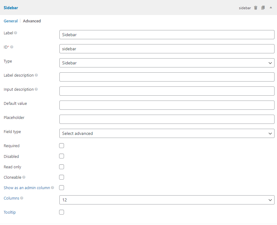 The sidebar field settings