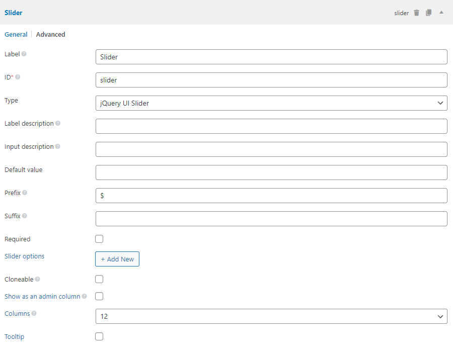 The slider field settings