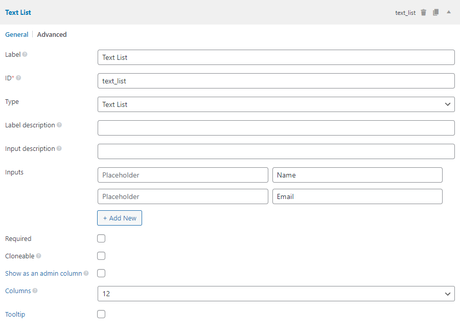 The text-list field settings