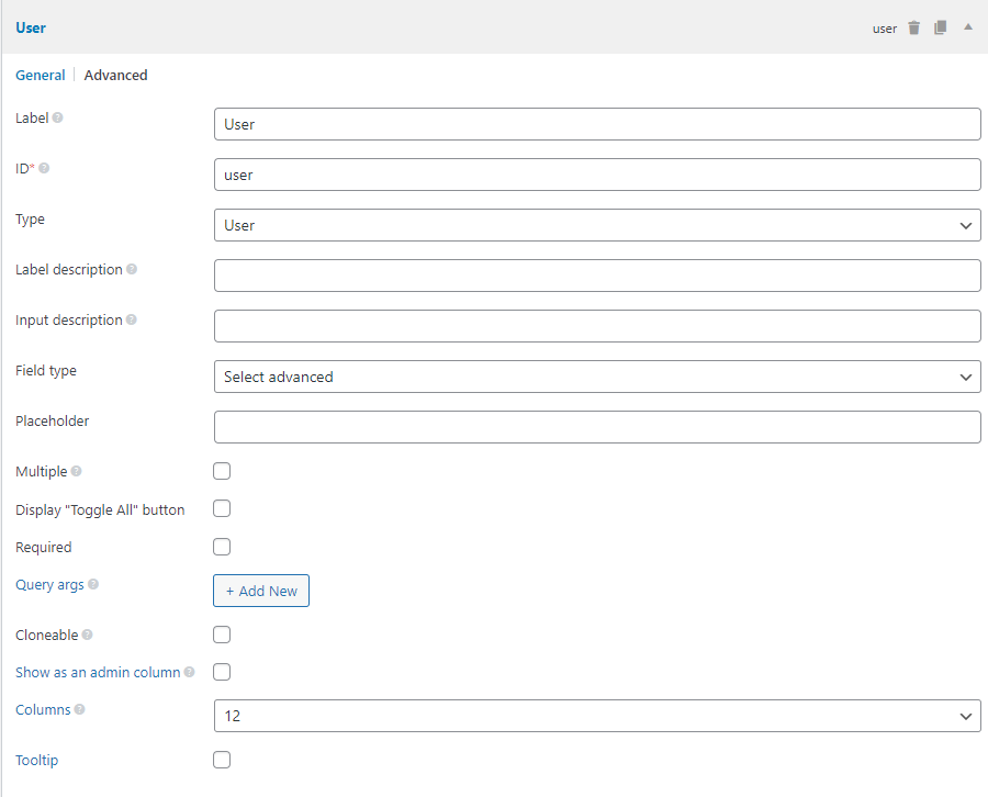 The user field settings