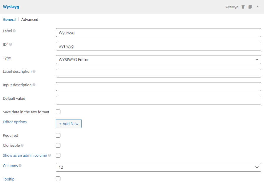 The wysiwyg field settings